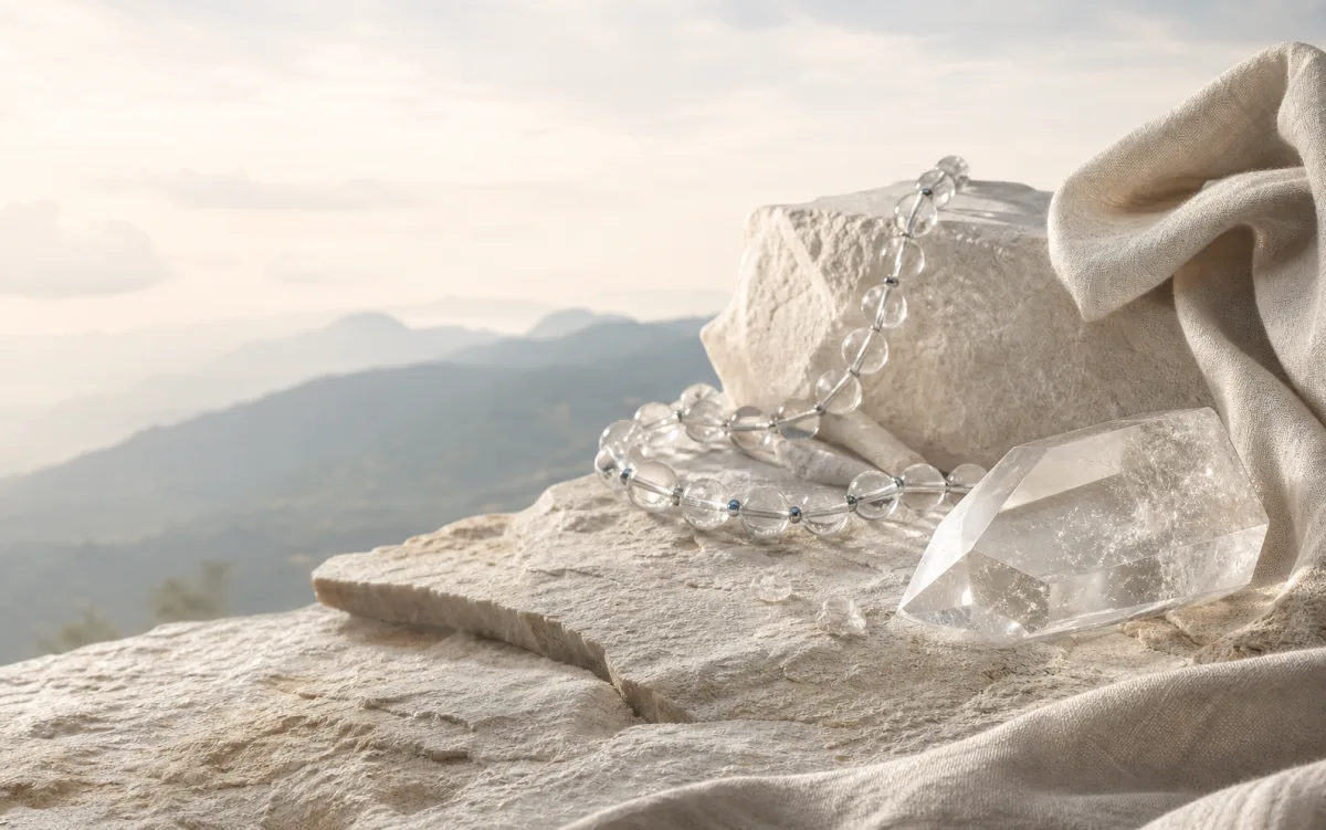 Clear quartz arranged on natural stone with a distant mountain landscape