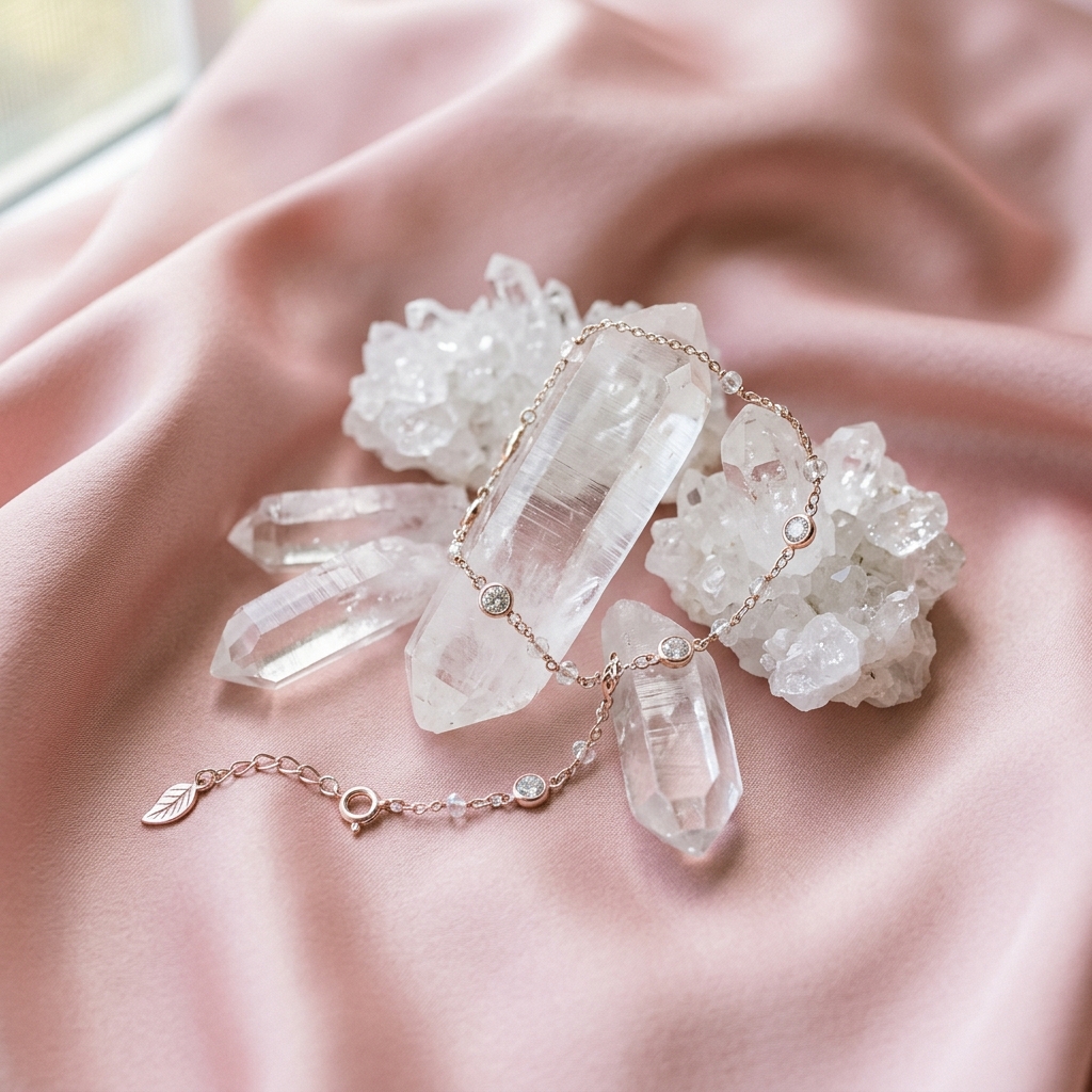 Premium Lemurian Crystals and Silver Quartz Bracelet on Soft Pink Satin